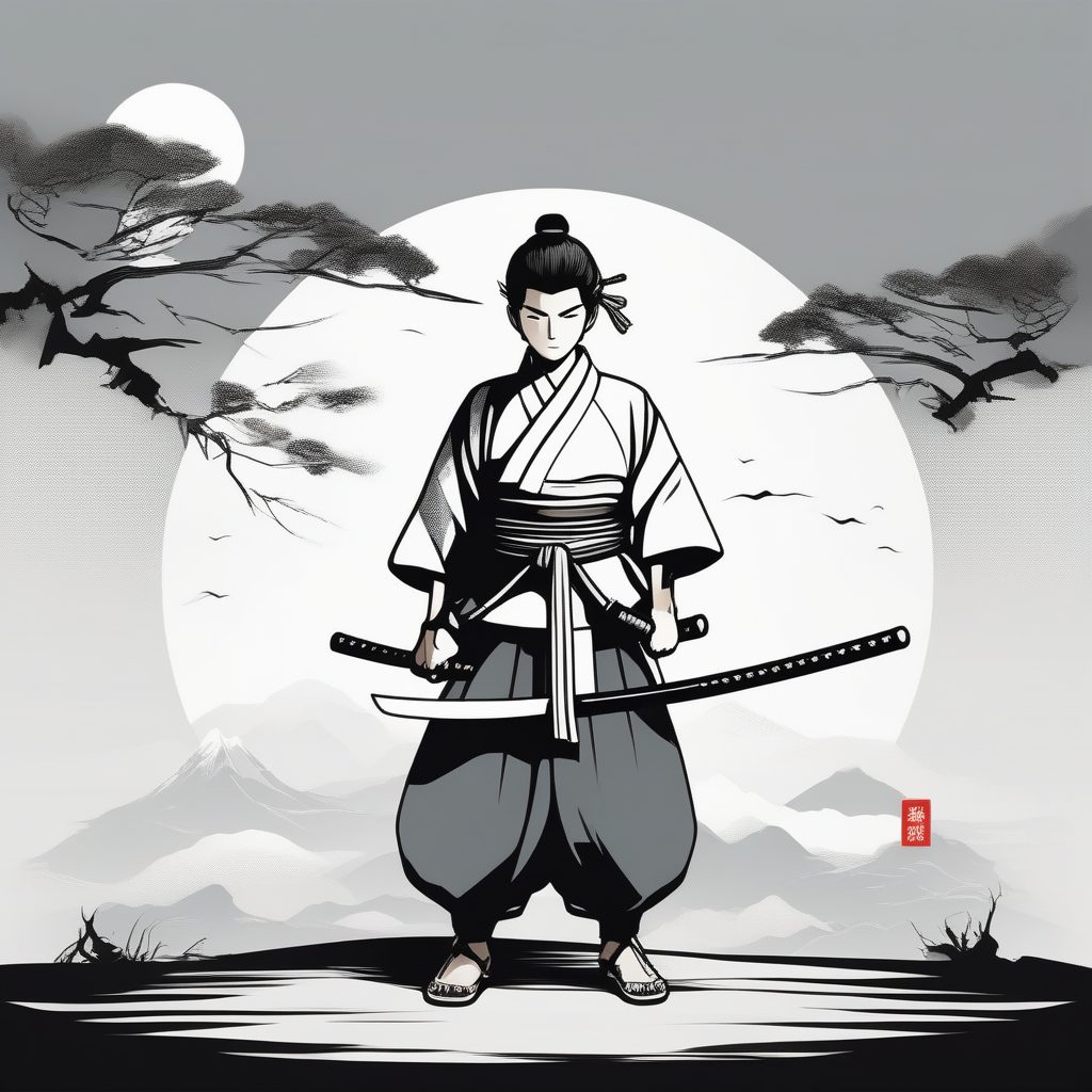 2D武士/剑道Q版男孩插画，木刀与传统服饰，极简线条全身像