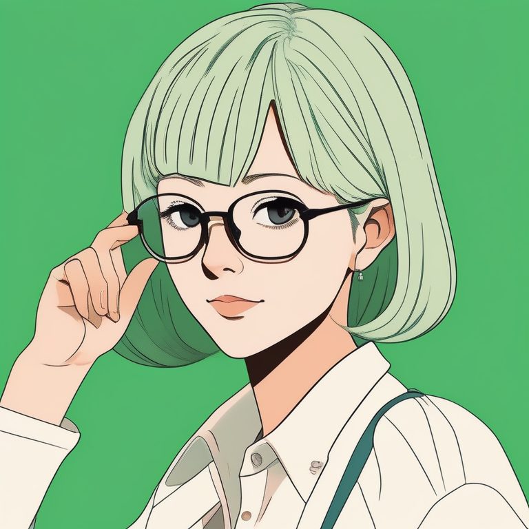 简约风格二次元眼镜女孩肖像与淡绿色背景