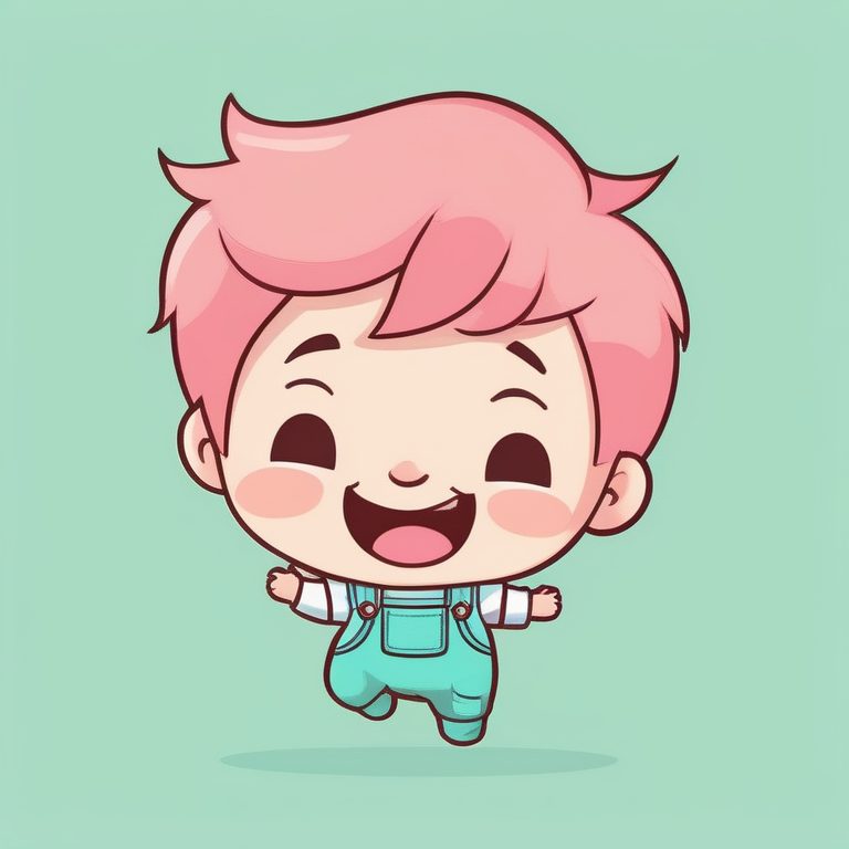 简约风全身Q版男孩开心跳跃,绿色纯色背景