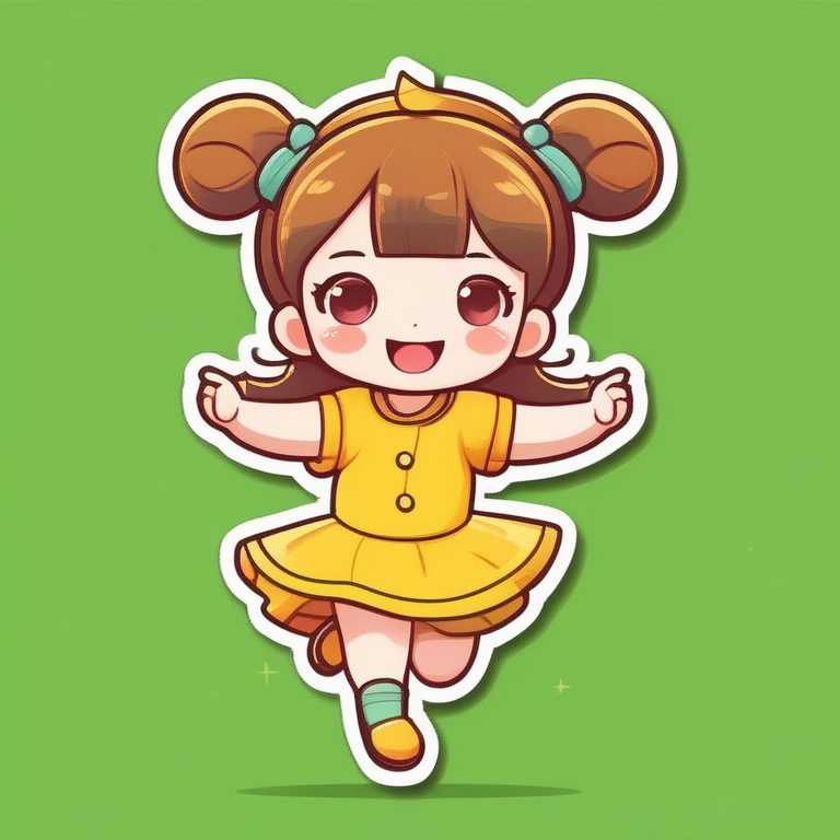 简约卡哇伊Q版女孩•绿色背景•跳跃动作