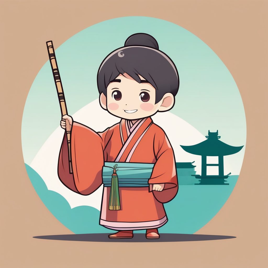 简约可爱Q版国风书生男孩：全身立绘与卷轴，干净纯色背景