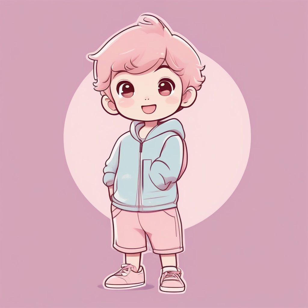 简约魅力：马卡龙色系Q版男孩挥手致意全身卡片插画