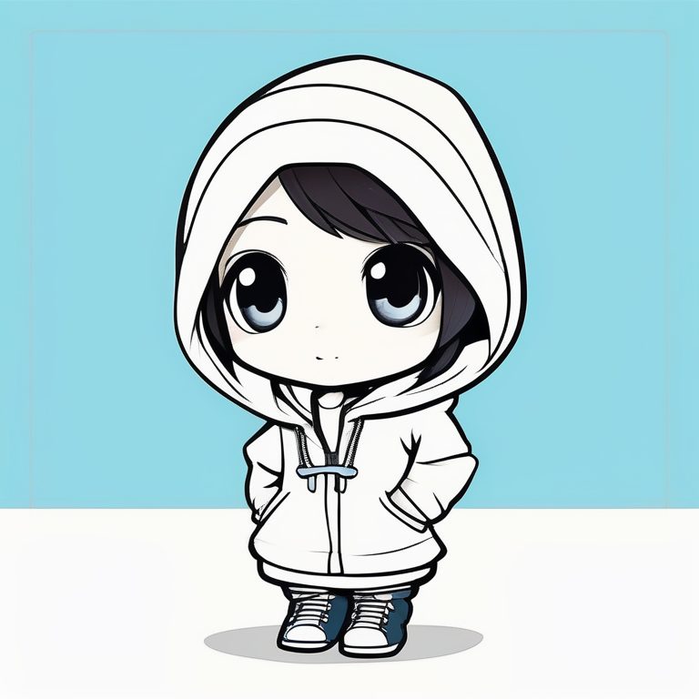 简约Q版动漫女孩全身,蓝色连帽卫衣,纯白背景