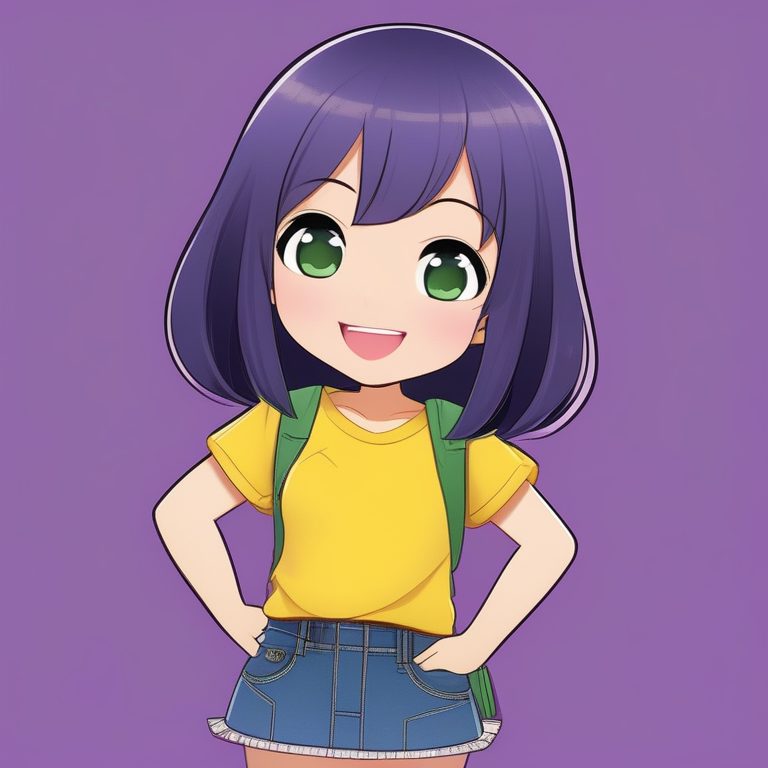 简约Q版可爱女孩胜利手势紫色背景