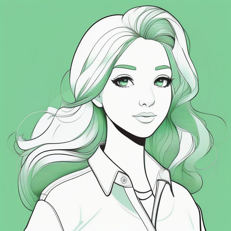 简约清洁二次元女孩肖像,绿色纯色背景,现代风