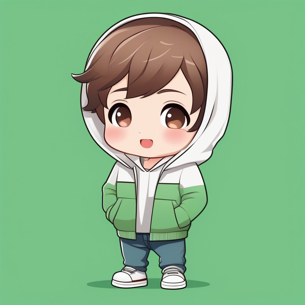 简约全身Q版男孩:绿色纯色背景