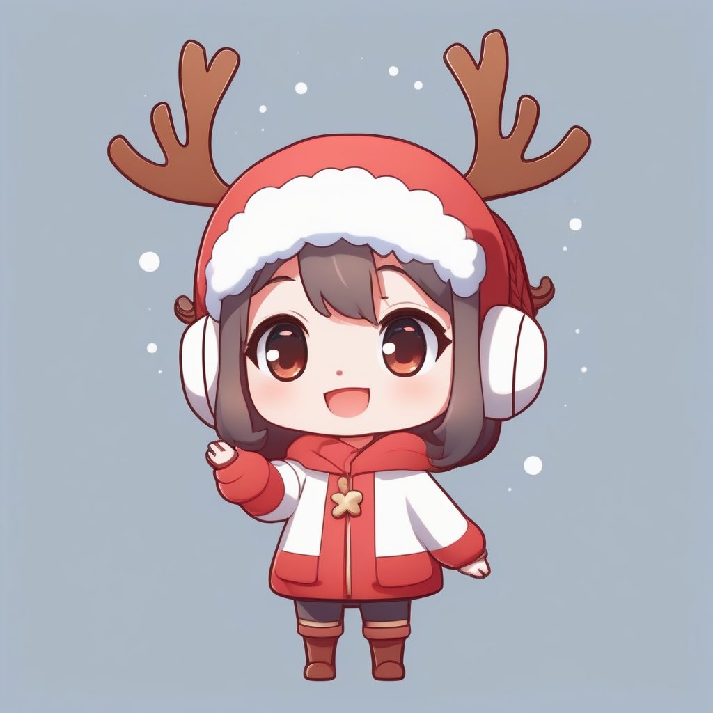 简约设计:挥手致意Q版麋鹿少女角色卡,超高清定义纯红背景