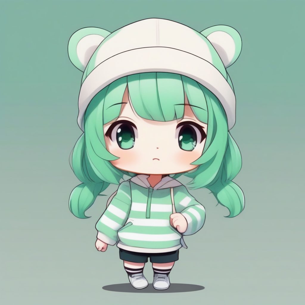 简约时尚Q版动漫女孩:米白色纯净背景下的全身卡哇伊立绘