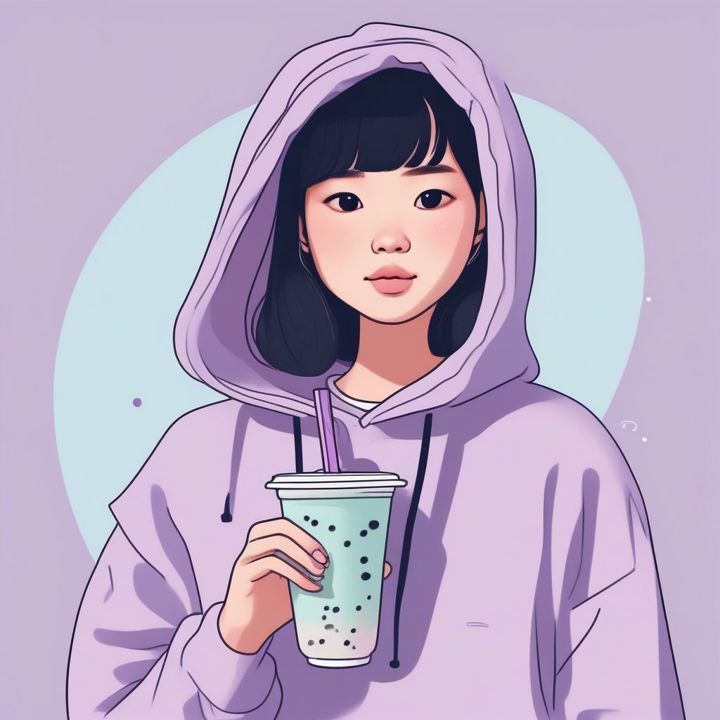 简约涂鸦风：拿着波霸奶茶的潮流亚洲女孩