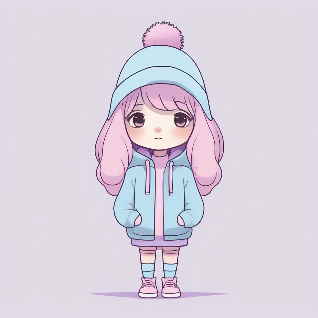 简约涂鸦风Q版潮酷少女：粉蓝街头时尚全身插画