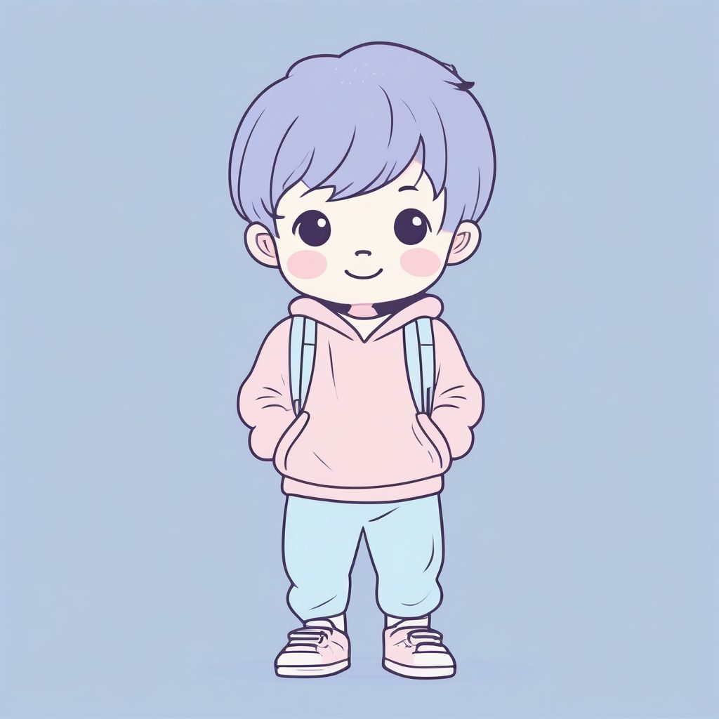 简约治愈风:背手站立的Q版男童全身插画,淡蓝色背景 39 简约治愈风:背手站立的Q版男童全身插画,淡蓝色背景