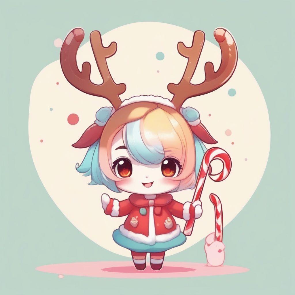 焦糖色系：抱抱糖果棒的Q版麋鹿少女3D渲染提示词