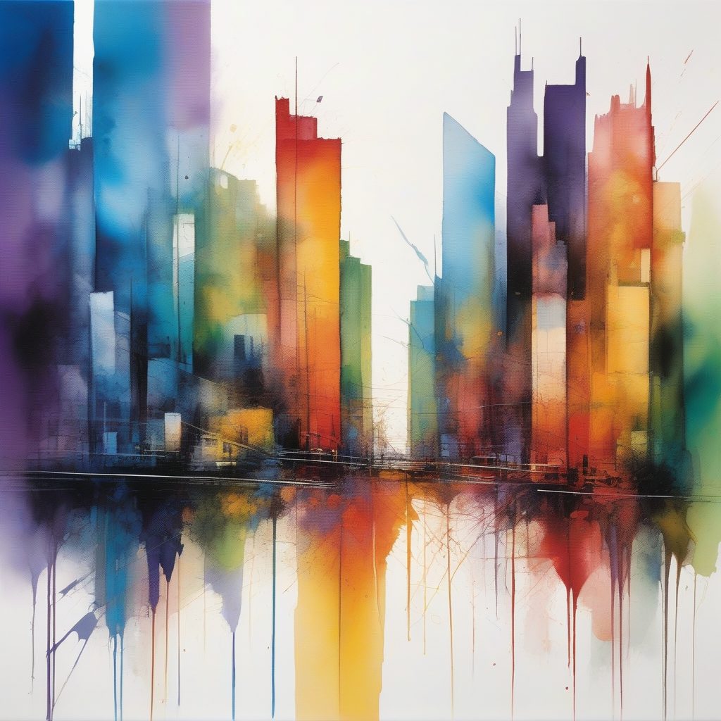 解构都市：墨迹飞溅的垂直建筑抽象画