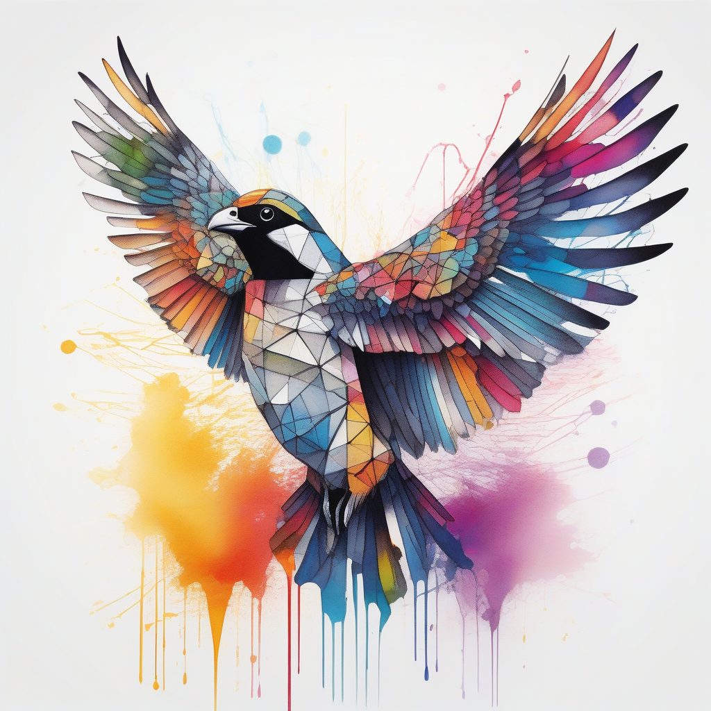 解构几何飞鸟：高调照明下的彩虹水彩艺术