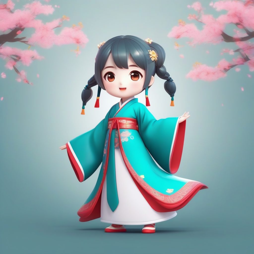 节日多色汉服小精灵：动态跳跃全身插画