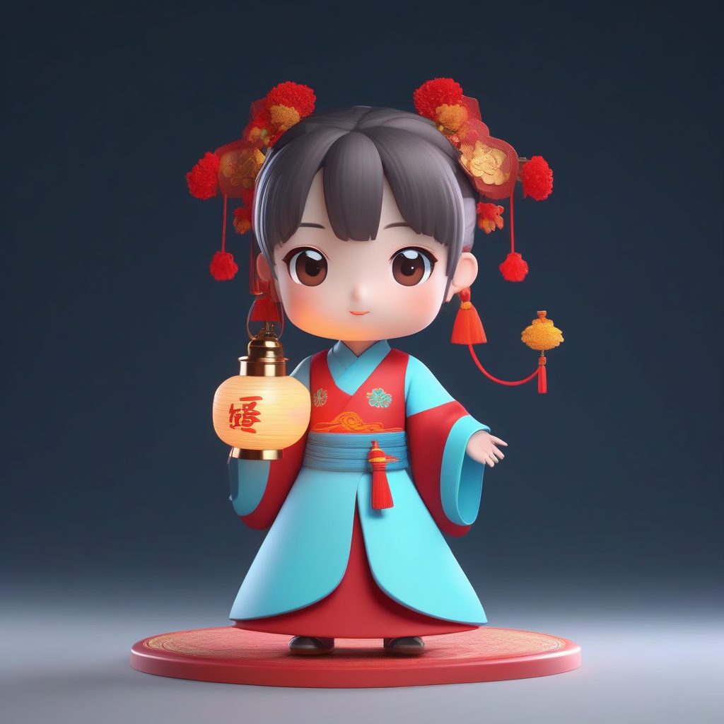 节日氛围：Q版马面裙汉服女孩提灯3D渲染全身照
