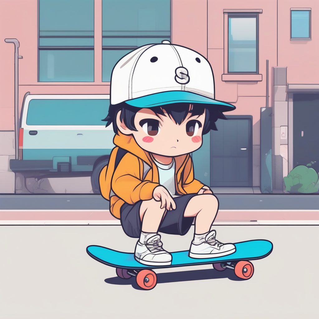 街头潮流Q版滑板男孩极简动漫插画：活力青春