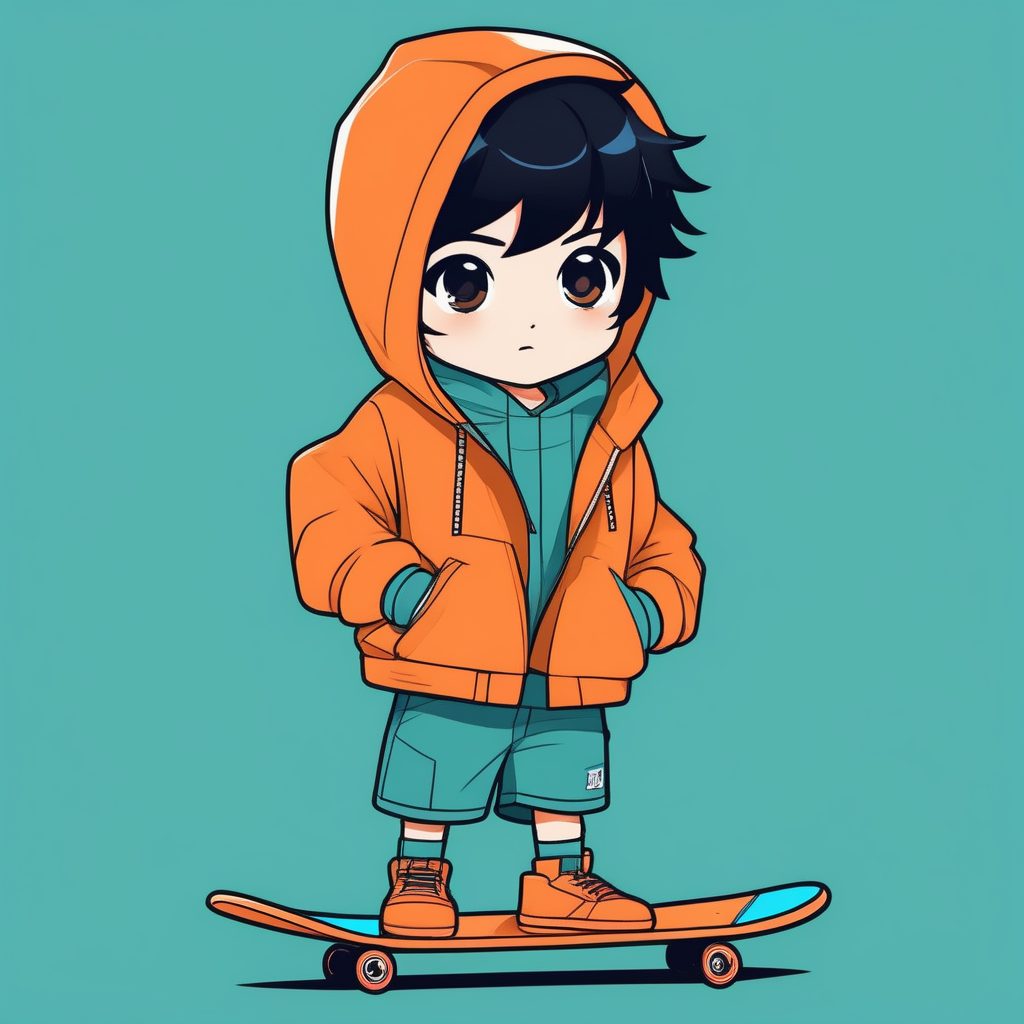 街头潮流Q版男孩插画：活力滑板少年极简风格设计