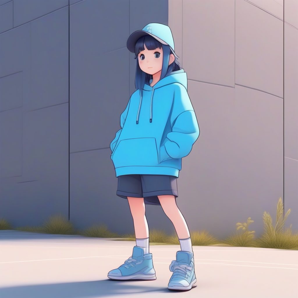 街头滑板风Q版少女：Oversize卫衣和潮鞋，全身动态纯色渲染提示词