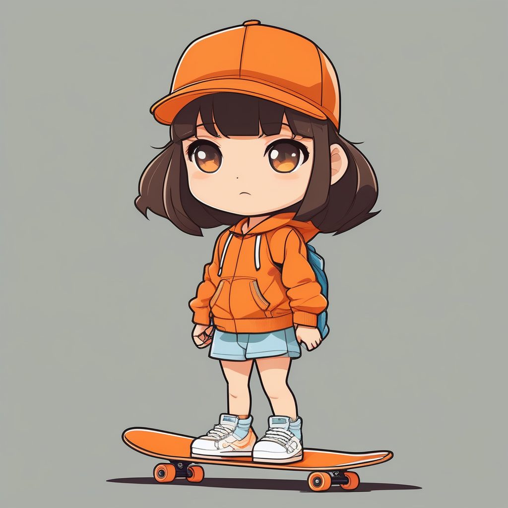 街头滑板运动风Q版二次元少女，干净背景