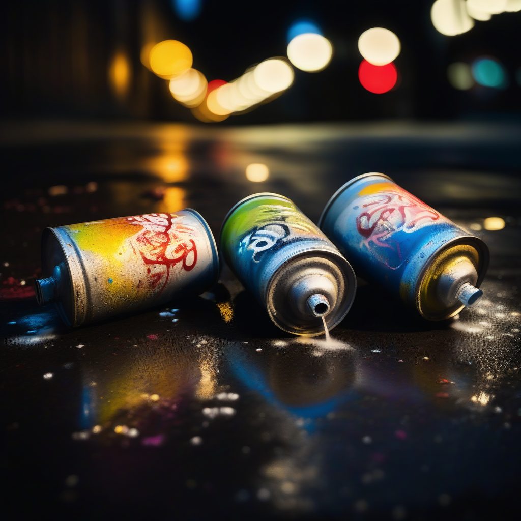 街头静物：夜幕下喷漆罐与气泡涂鸦特写
