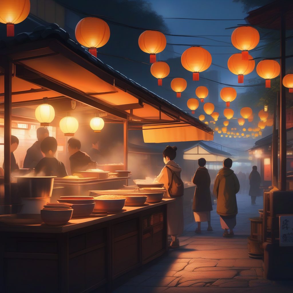 街头美食：夜间日式大排档的热气与氛围光