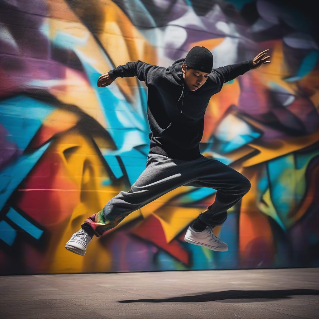 街舞定格：色彩斑斓涂鸦墙前的B-boy