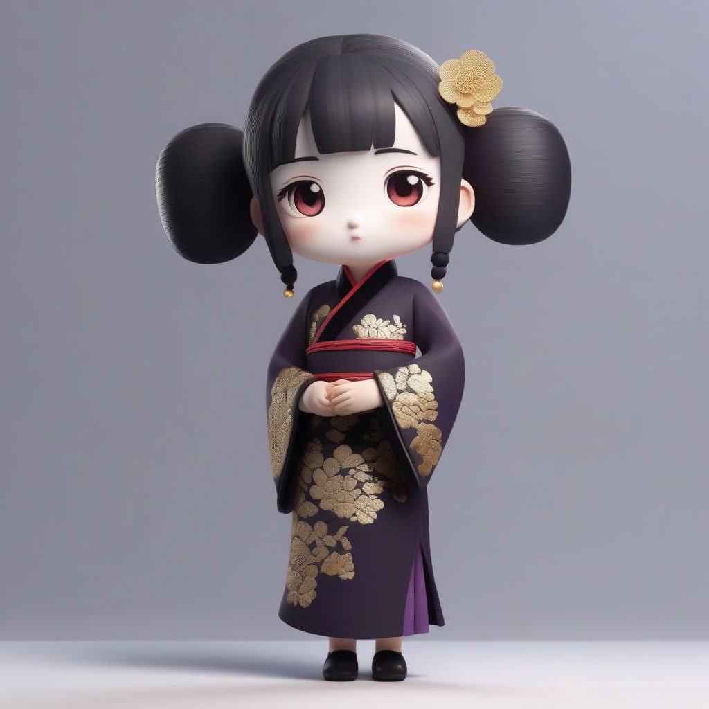 金色刺绣黑丝绒旗袍Q版少女:羞涩的扇子遮脸动作,紫色背景 5 金色刺绣黑丝绒旗袍Q版少女:羞涩的扇子遮脸动作,紫色背景