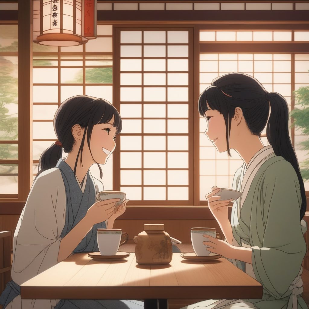 京阿尼风格插画：日式咖啡馆日常，两名女学生眼神特写