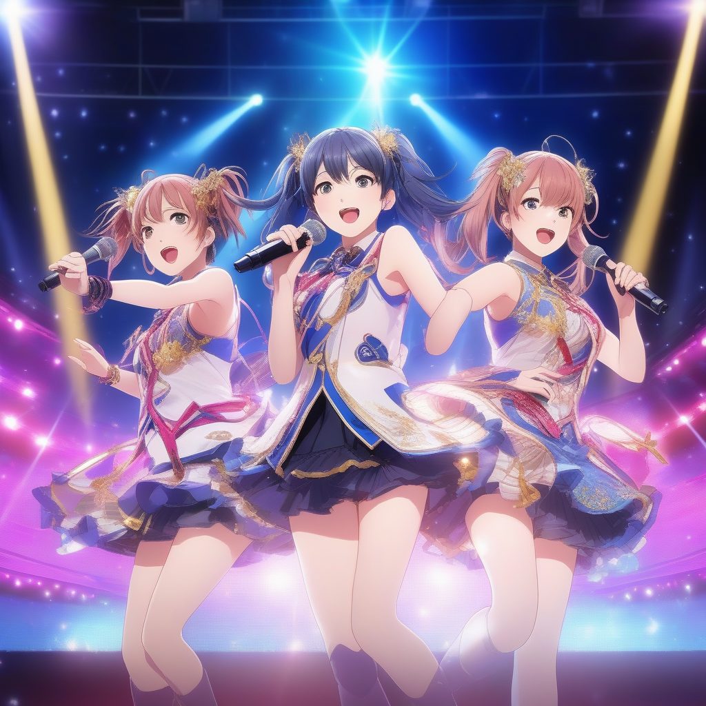 京阿尼风格舞台上充满活力的偶像少女三人组插画