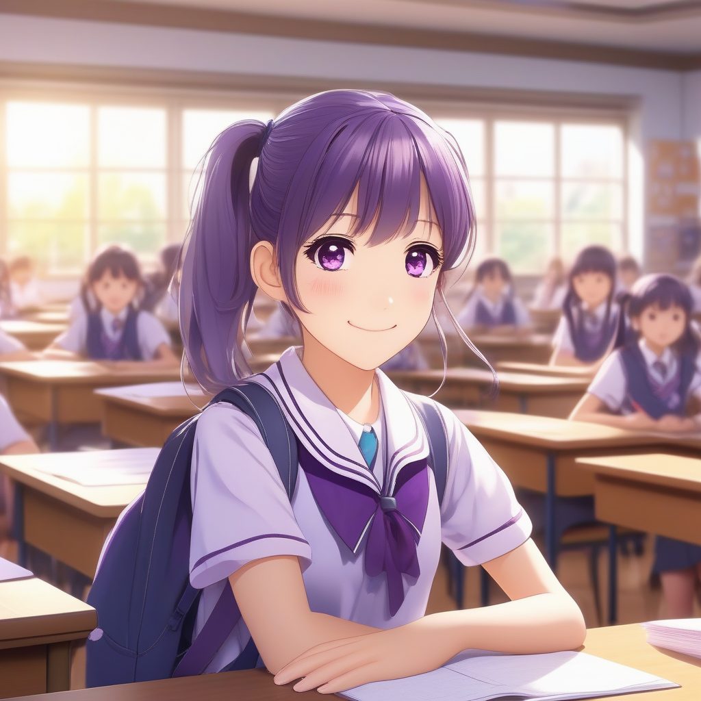 京阿尼风格阳光教室中特写的美丽校服少女