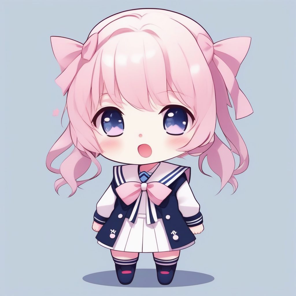 经典水手服Q版少女:超大蝴蝶结与害羞表情,粉色纯净背景