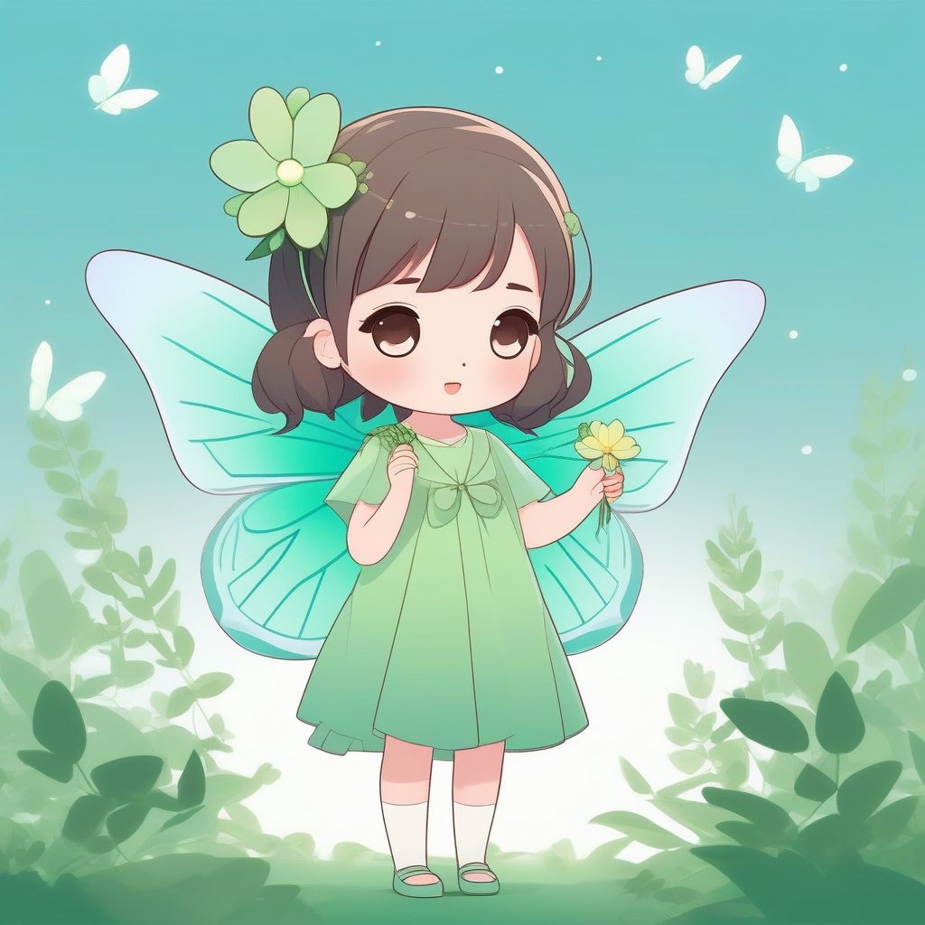 精灵花园守护者Q版少女2D插画：叶片裙装与柔和光影