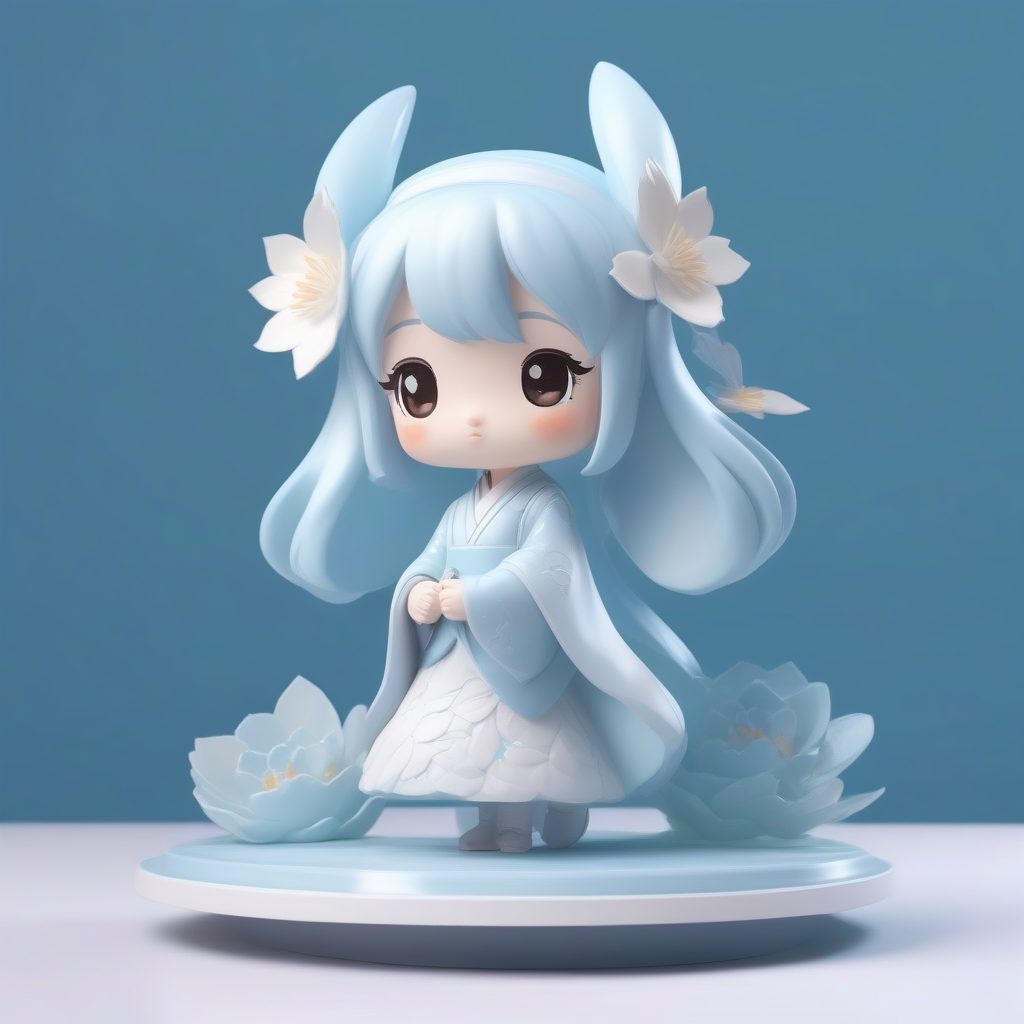 静谧月宫：Pop Mart风格瓷光Q版少女与白兔站立卡片图