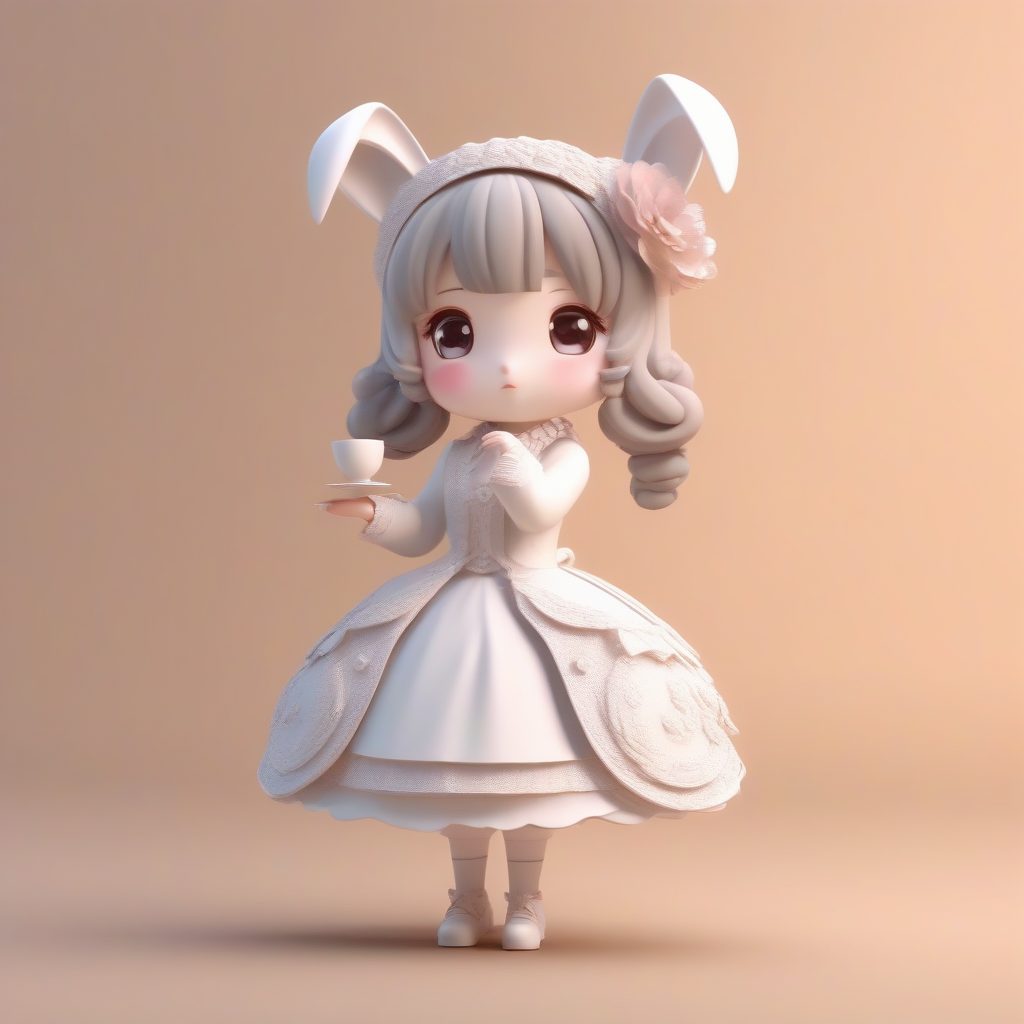精致茶会:优雅的Q版维多利亚兔耳娘,站立端茶全身渲染,纯米色背景 3 精致茶会:优雅的Q版维多利亚兔耳娘,站立端茶全身渲染,纯米色背景