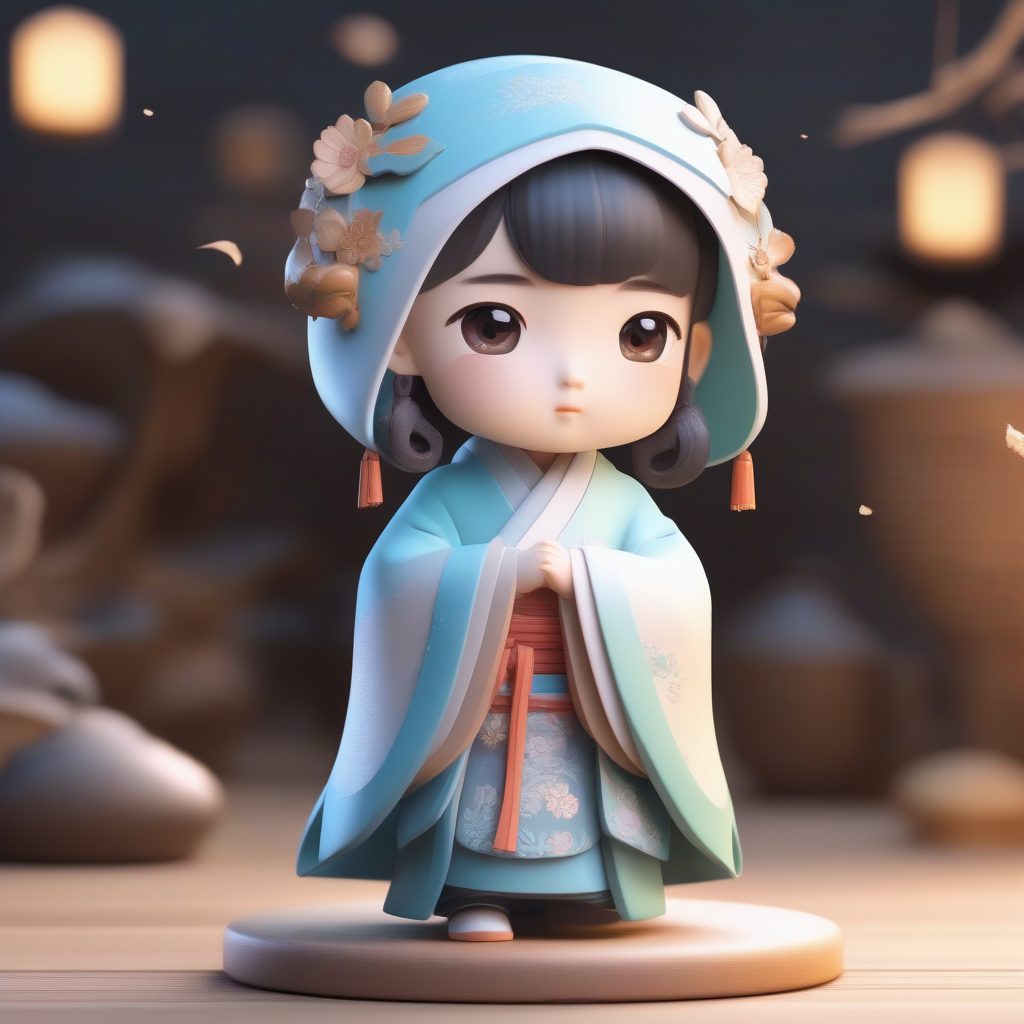 绝美Q版冬日汉服小女孩AI生成：高光粘土材质与全身站立提示词