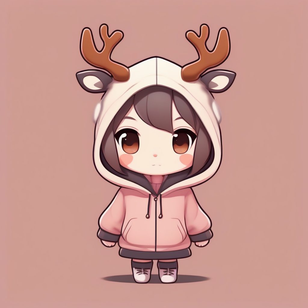 决心表情：穿着连帽衫的Q版麋鹿少女全身卡片提示词