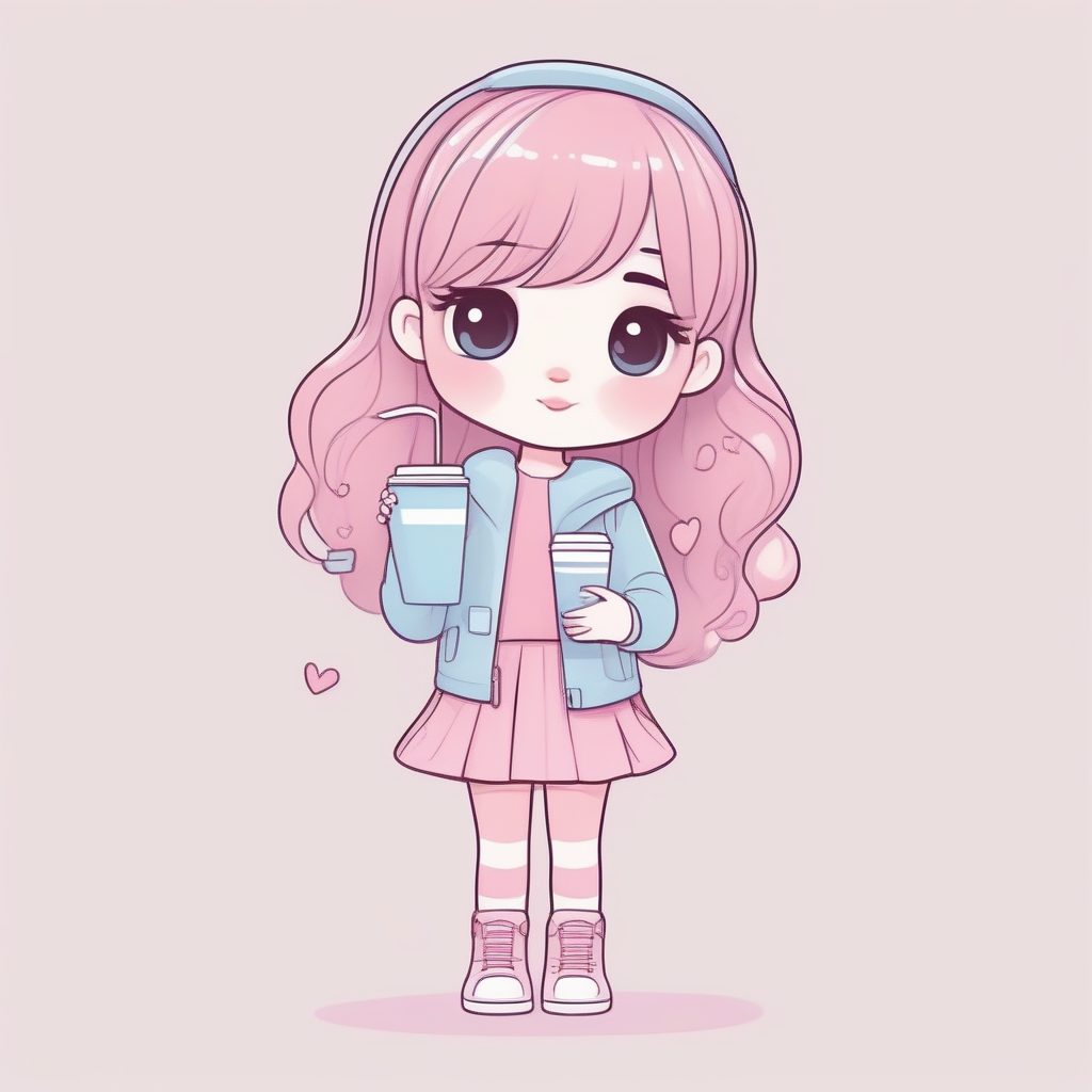 咖啡杯与Q版时尚女孩：超柔和线条卡哇伊贴纸风