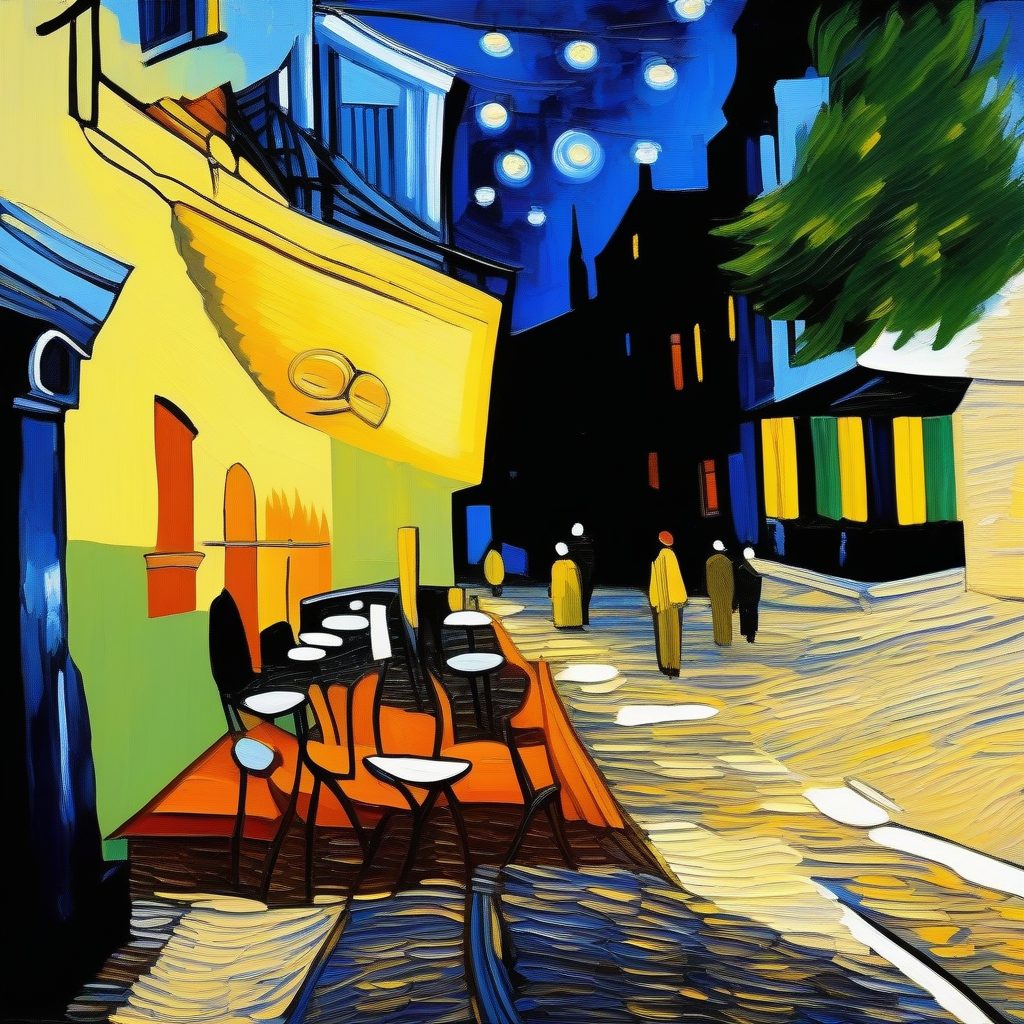 咖啡馆的夜晚：孤独氛围的梵高式室内场景AI提示词