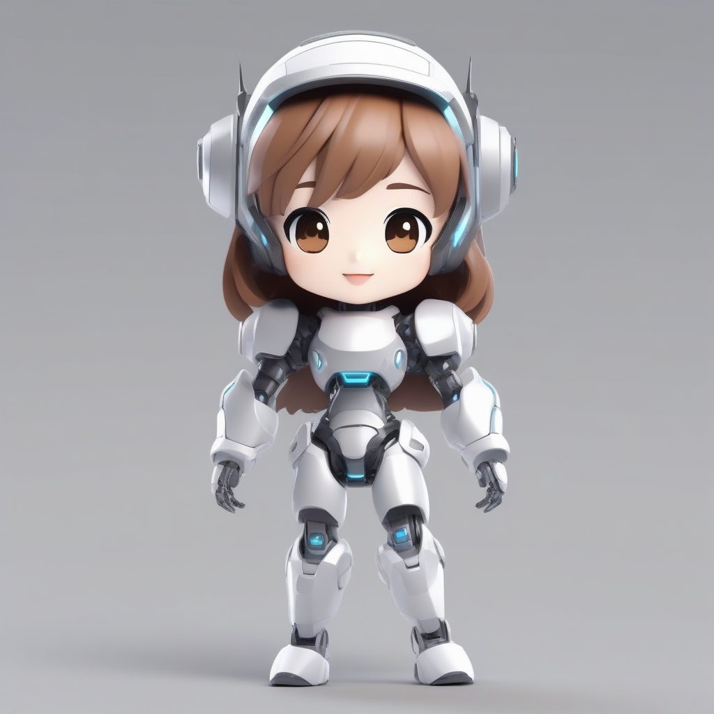 卡通3D机器人：Toon Shading Q版机械女孩全身立绘，浅银背景