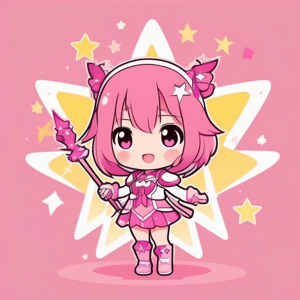 卡哇伊2D风格：极简Q版魔法少女全身立绘与星形法杖