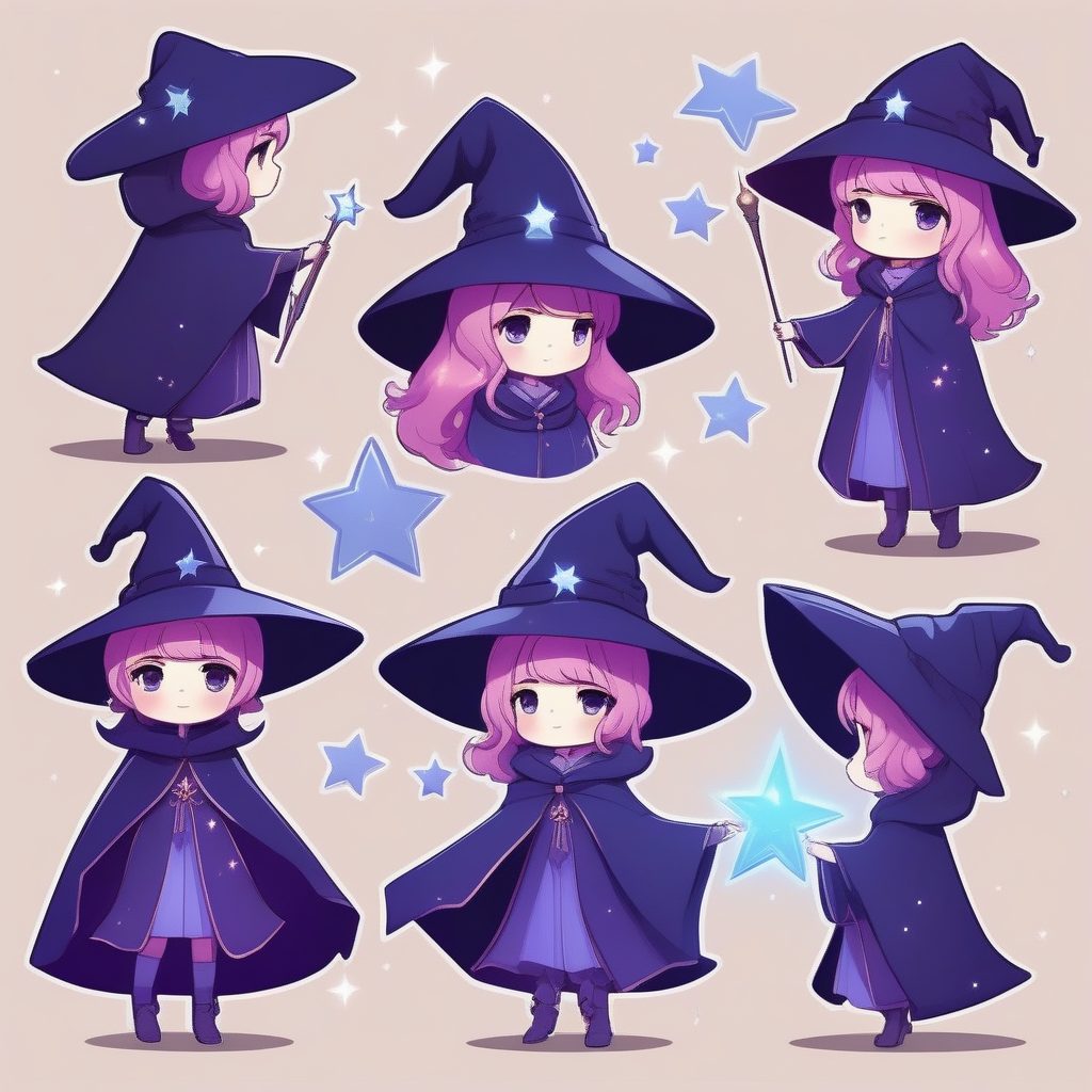 卡哇伊|2D极简风格星空魔法师Q版少女插画提示词