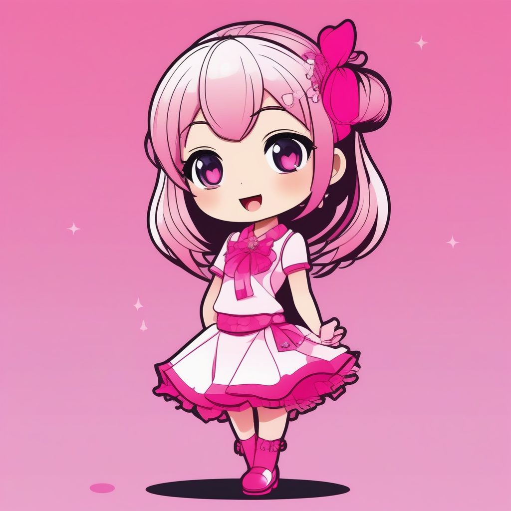 卡哇伊2D极简风Q版偶像歌手女孩：全身华丽舞台造型立绘