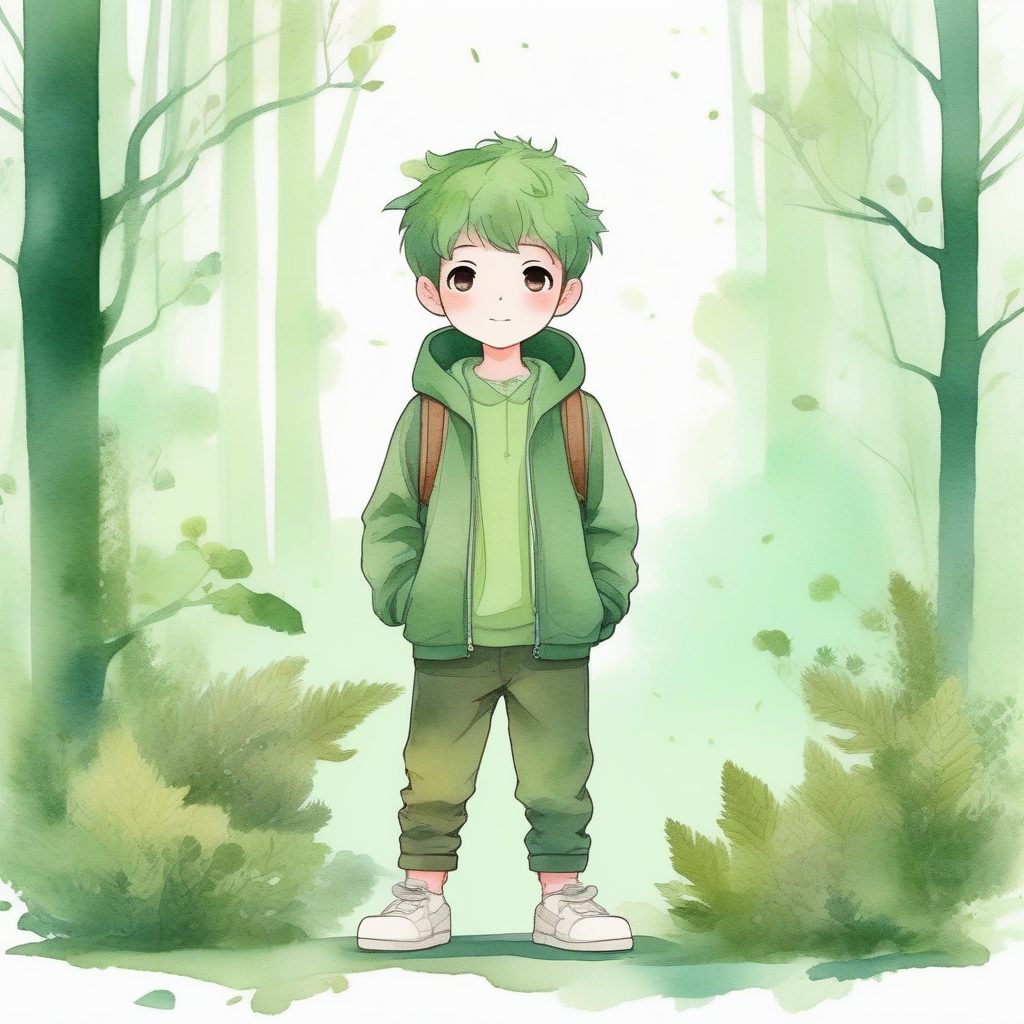 卡哇伊2D Q版森林精灵守护者男孩全身插画提示词