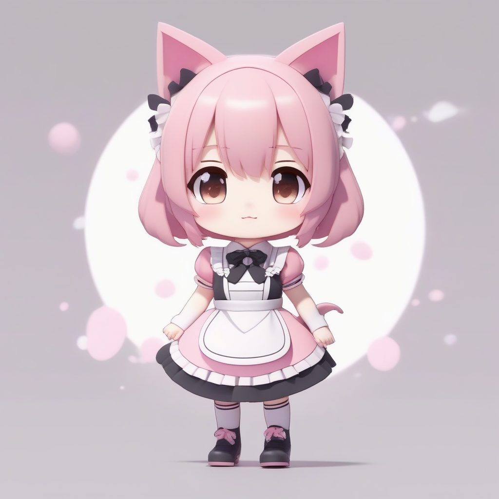卡哇伊粉色女仆猫耳娘：全身站立、高细节Q版动态模型渲染