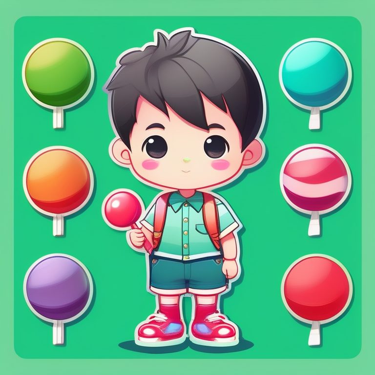 卡哇伊极简Q版动漫男孩全身照-绿色背景-手拿棒棒糖