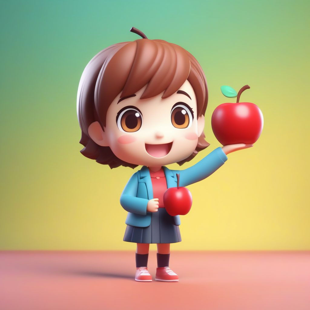 卡哇伊女教师：挥手微笑，手拿苹果的C4D立体渲染图