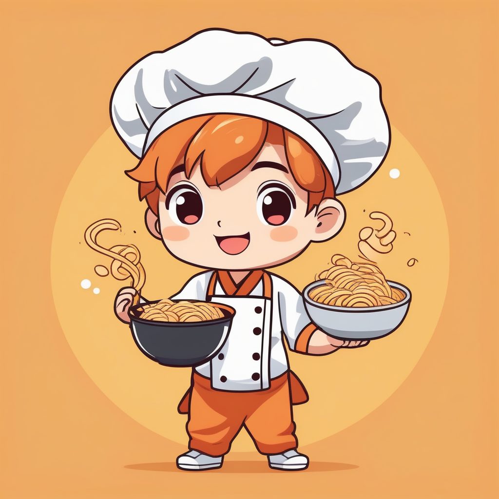 卡哇伊Q版拉面厨师男孩极简矢量插画提示词