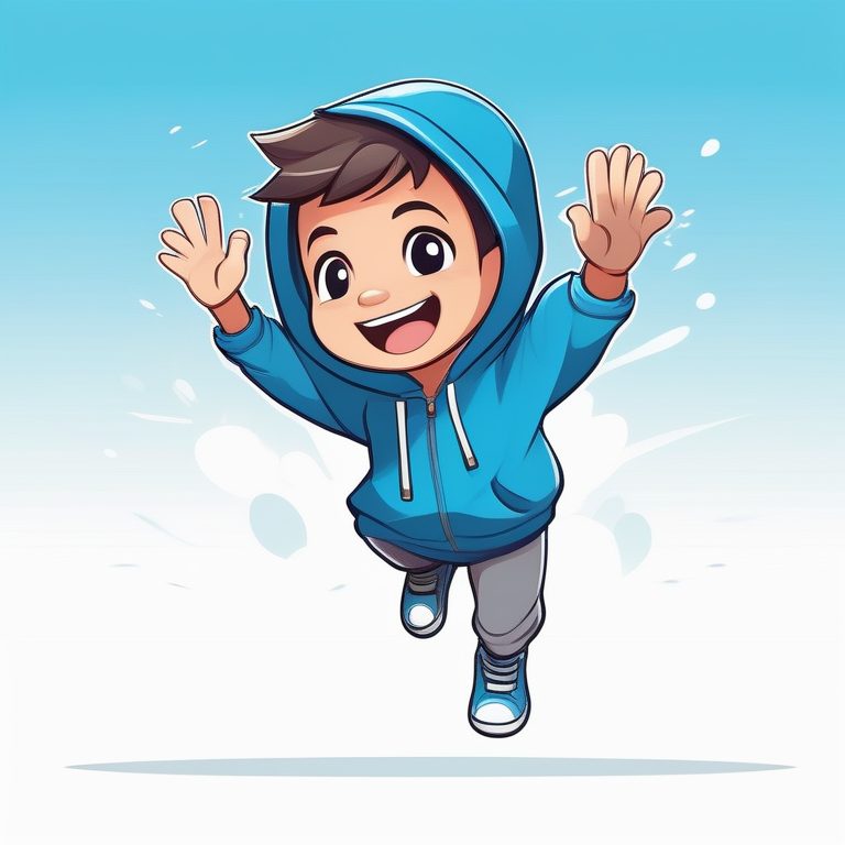 卡哇伊Q版男孩风格-蓝色连帽少年-活力跳跃