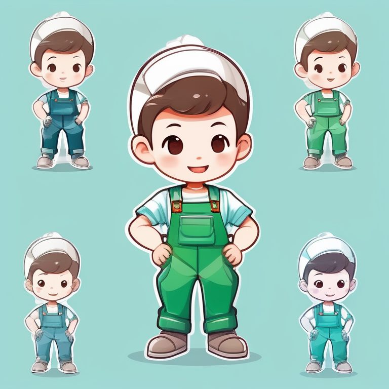 卡哇伊Q版男孩风格-绿色背带裤小画家-微笑挥手